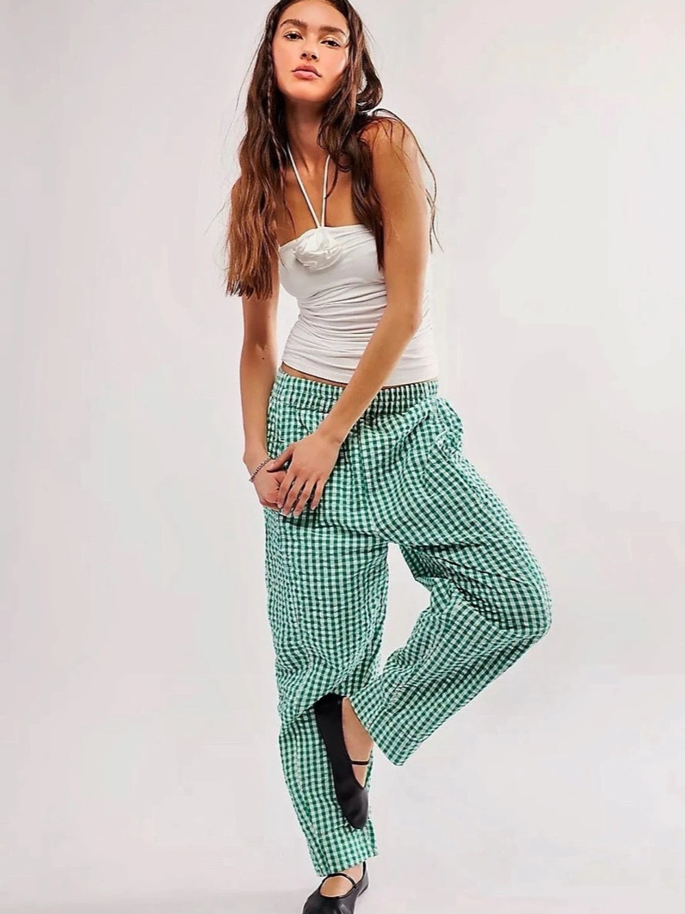 Free People Preppy Gingham Pants )Green & White)